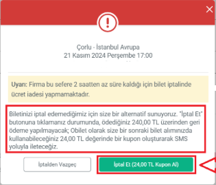 Kesintili iade bilgilendirme ekranı