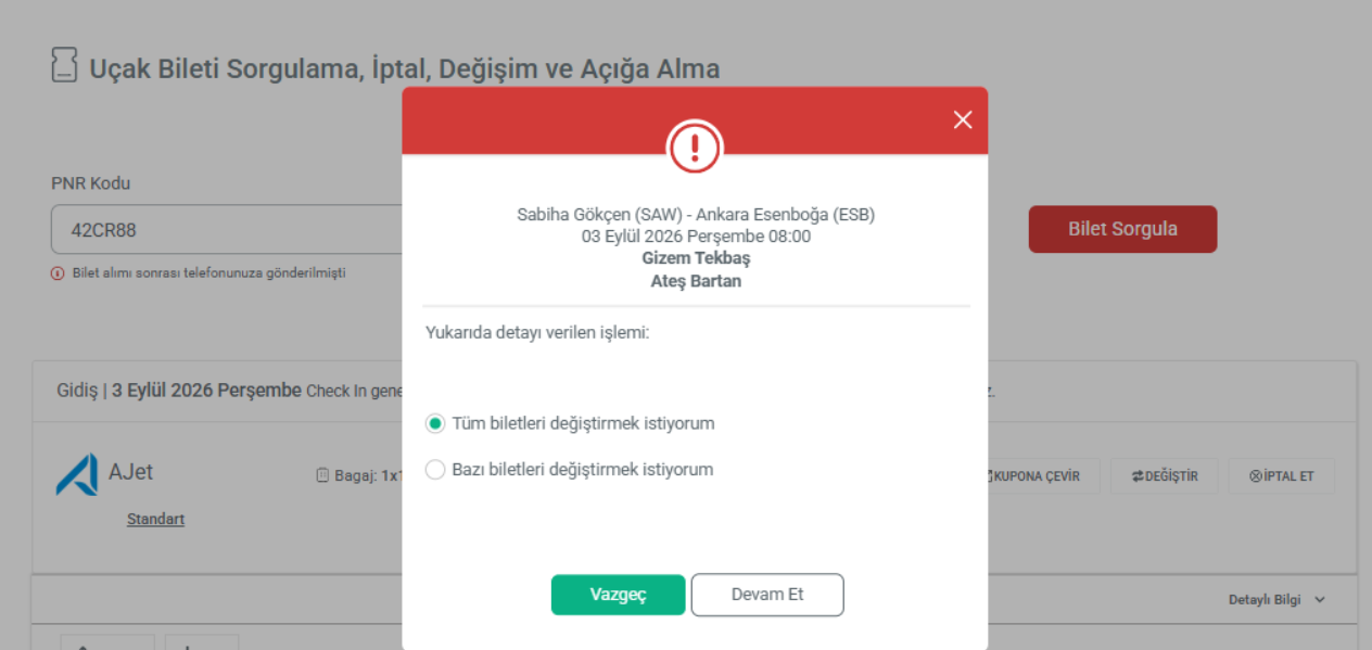 Online uçak bileti değişiminde yolcu seçimi ekranı
