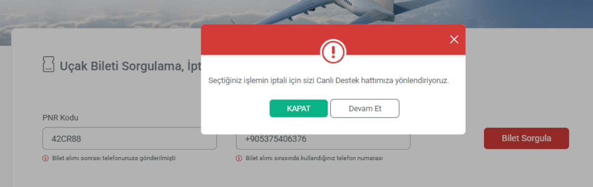 Yolcuların bir kısmı için değişiklik talebinde canlı destek yönlendirmesi