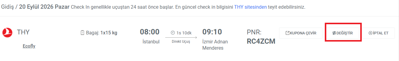Uçak biletinde online değişimi başlatan Değiştir seçeneği