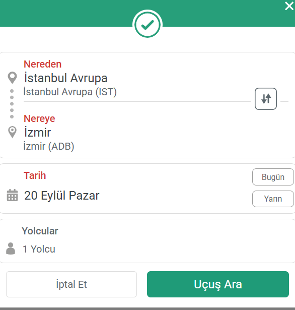 Yeni uçuş için tarih ve güzergah belirleme ve Uçuş Ara ekranı