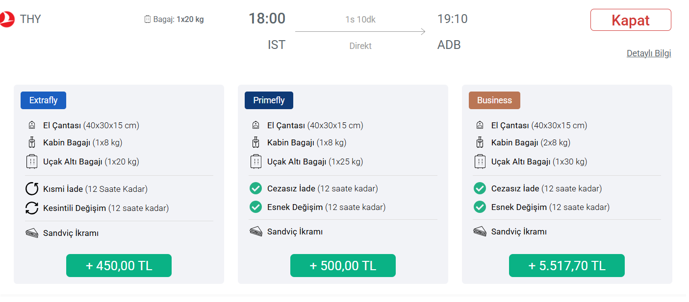 Uçuş değişikliği sırasında paket seçimi ekranı