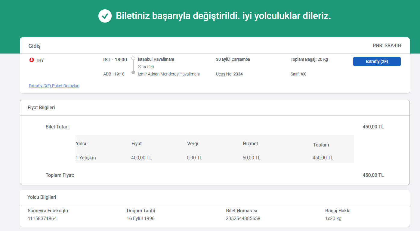 Ödeme sonrasında güncel bilet ve ödeme bilgilerinin görüntülendiği ekran