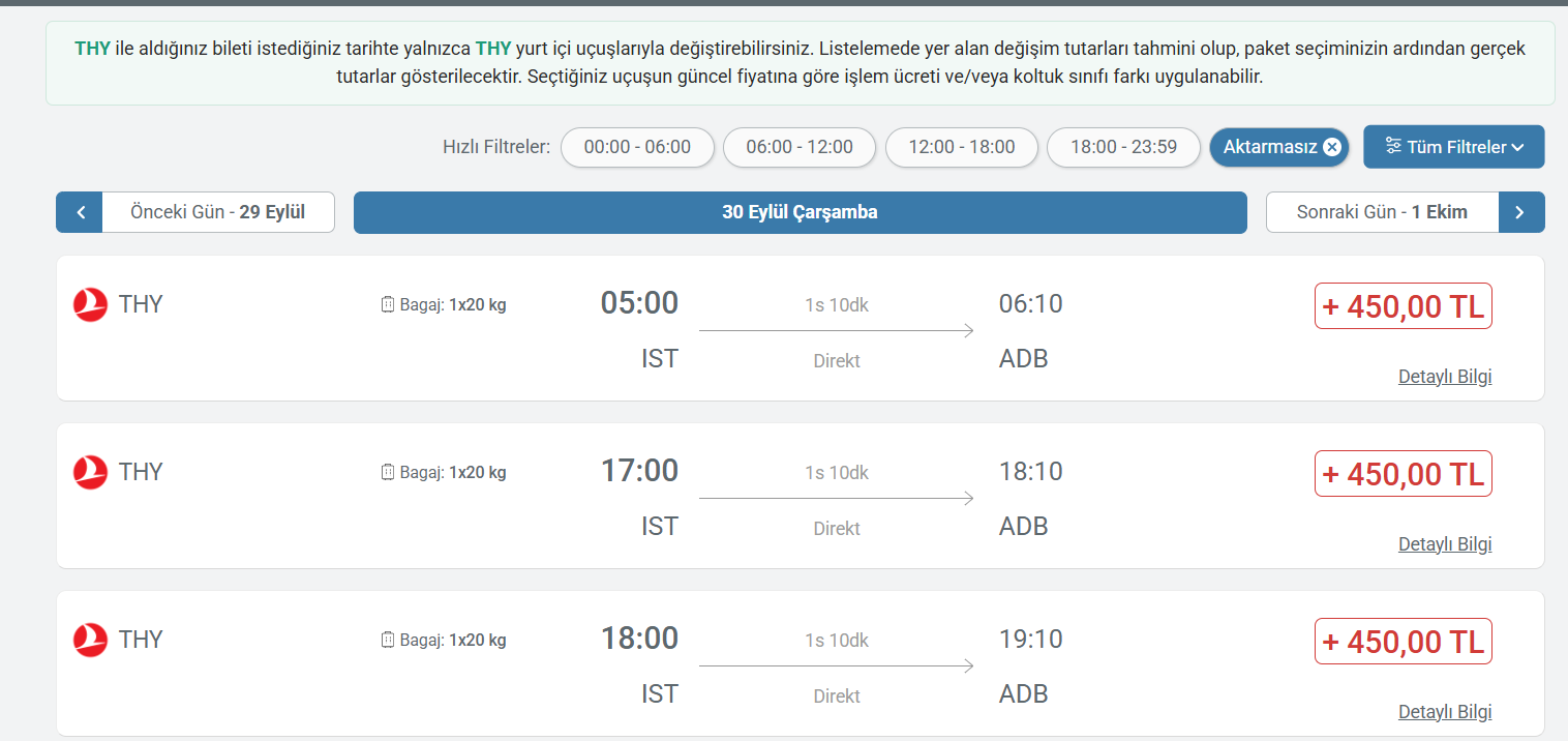 Yeni uçuş seçenekleri ve tahmini değişim tutarlarının listelendiği ekran